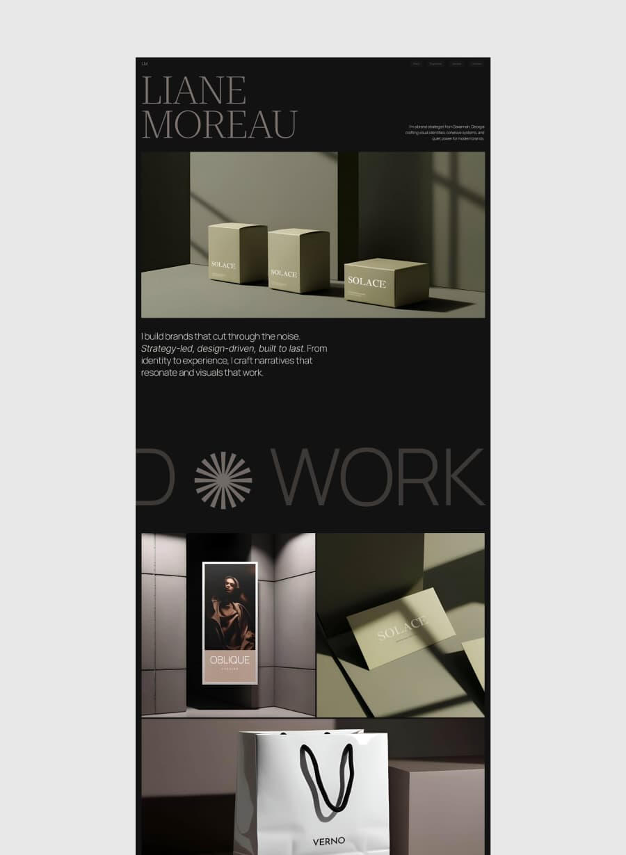 Sophisticated multi-page portfolio template for showcasing visual-first projects with minimal text
