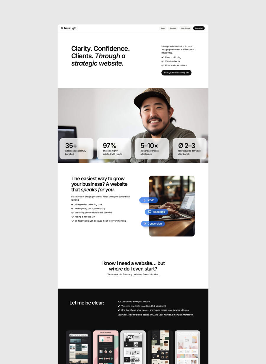 Brutalist-style Carrd portfolio template with multi-page project details